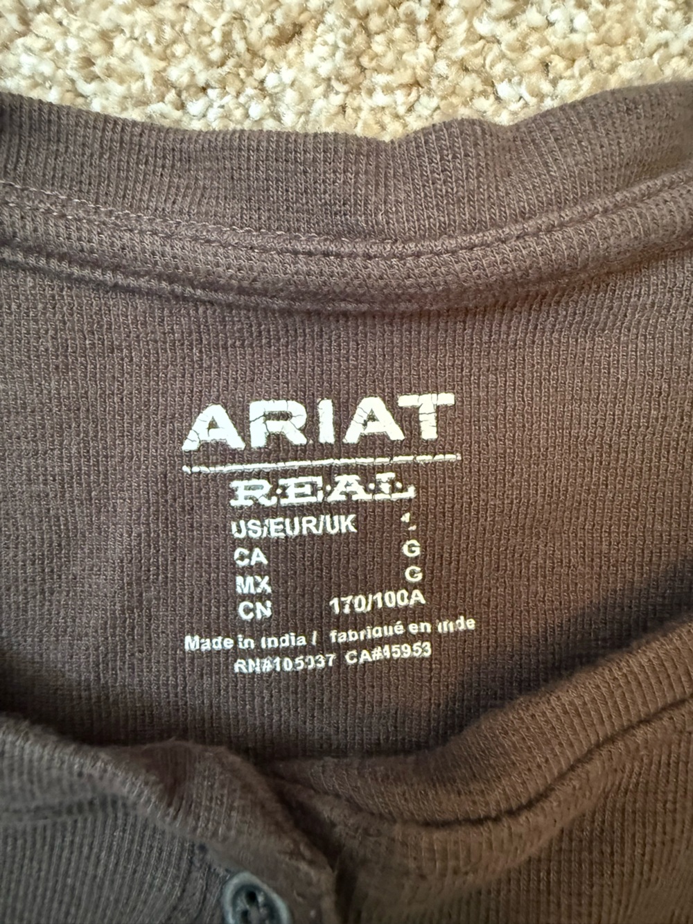Ariat Brown Ribbed Henley Shirt - Picture 2 of 4